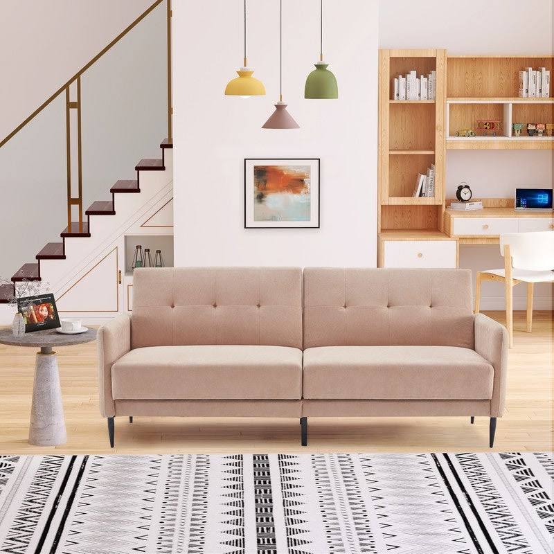 Beige Linen Fabric Folding Futon Sofa Bed with Metal Leg M411620
