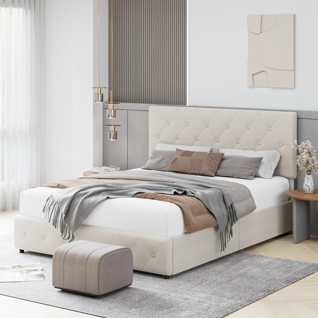 Queen Size Light Grey Upholstered Platform Bed with 4 Storage Drawers C73910