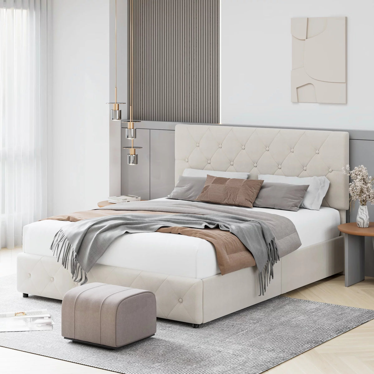 Queen Size Light Grey Upholstered Platform Bed with 4 Storage Drawers C73910