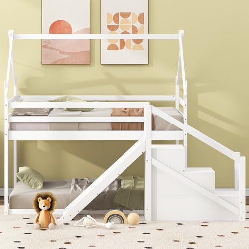 White Twin Over Twin Wood Bunk Bed with Slide and Storage Stairs V3620