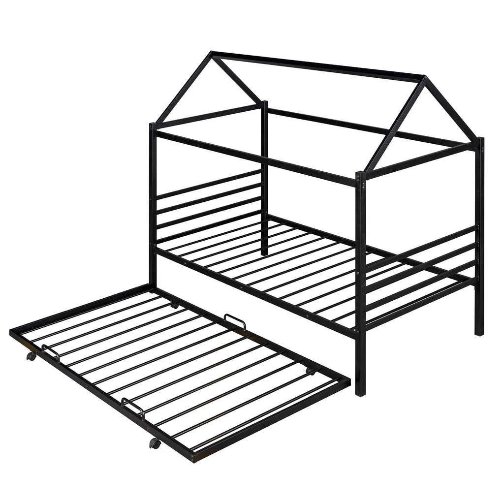 Twin Size Black Metal House Shape Platform Bed with Trundle I2663