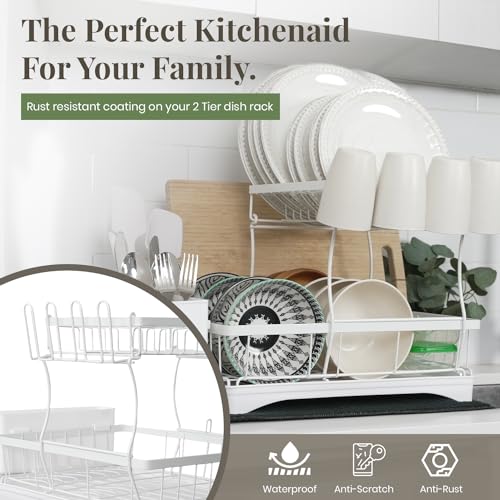 White 2-Tier Metal Dish Drying Rack with Drainboard V3057
