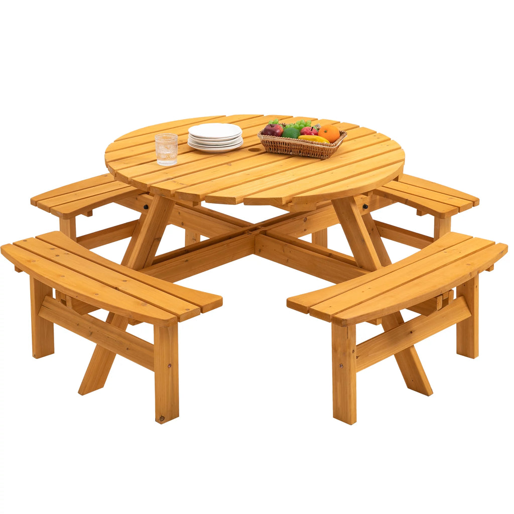 8-Person Wooden Picnic Table with 4 Built-In Benches N706
