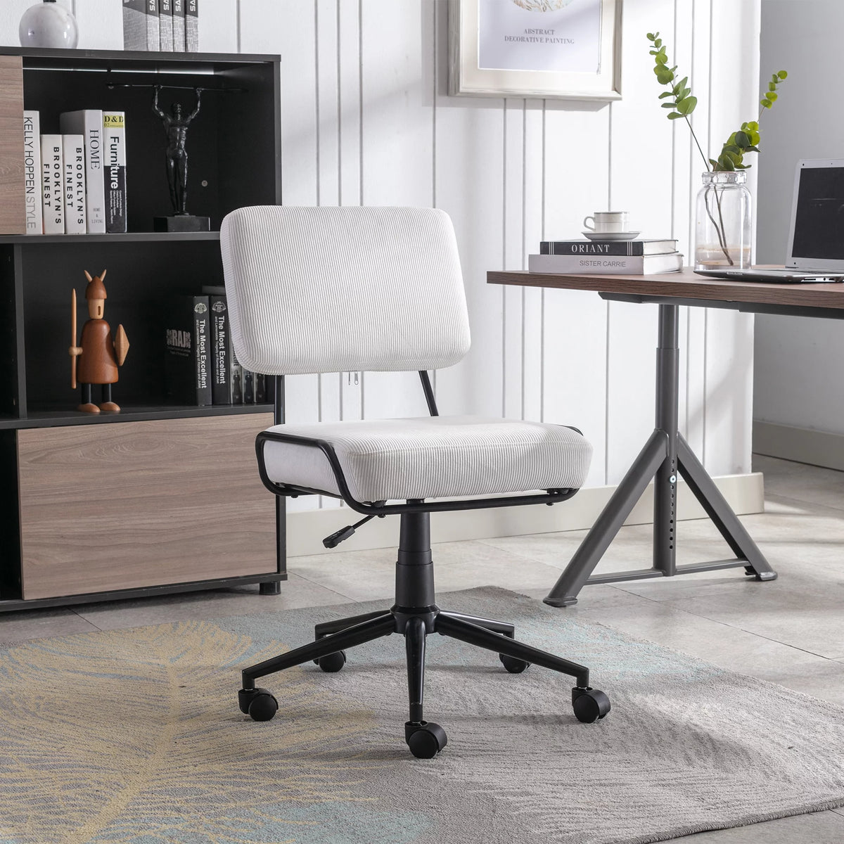 White Corduroy Swivel Desk Chair with Wheels P15924