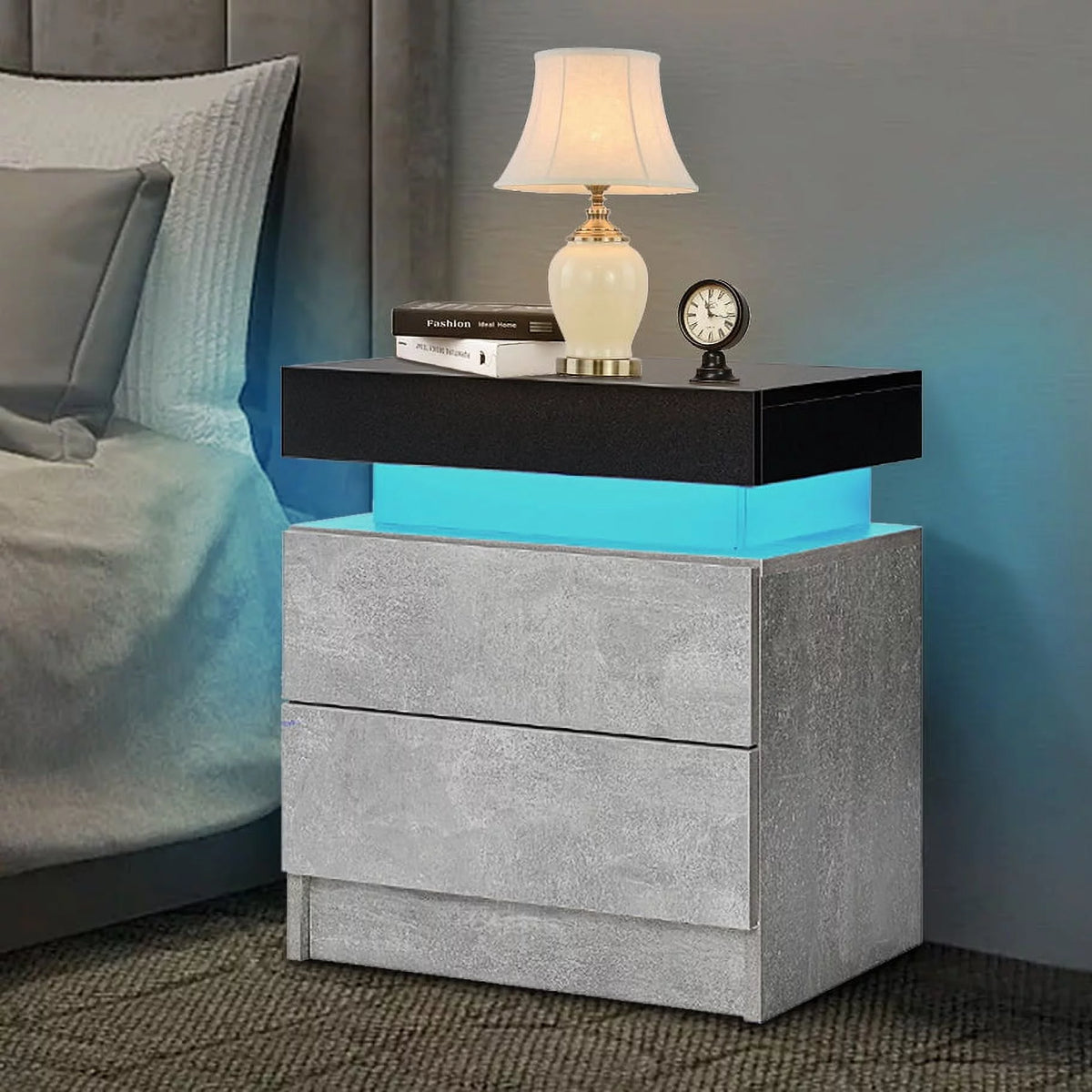 White 2 Drawer High Gloss Nightstand with LED Light P59654