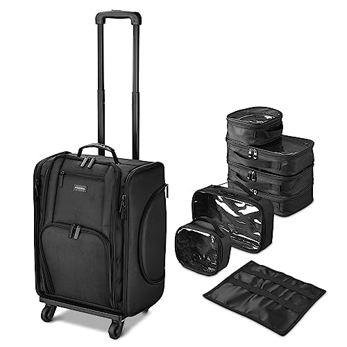 Black Rolling Makeup Train Case Soft Sided Cosmetic Storage Organizer Carry on Travel with Removable Side Pocket Bag E26560