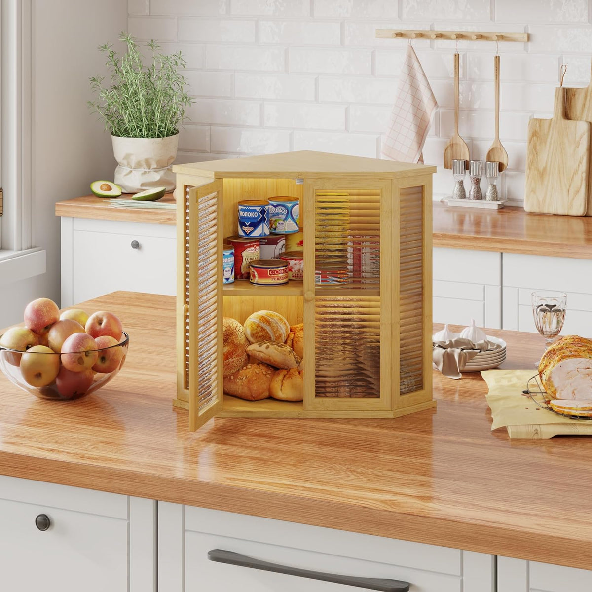 16.5 inch Bamboo Double Layer Bread Box with Glass Door H4501