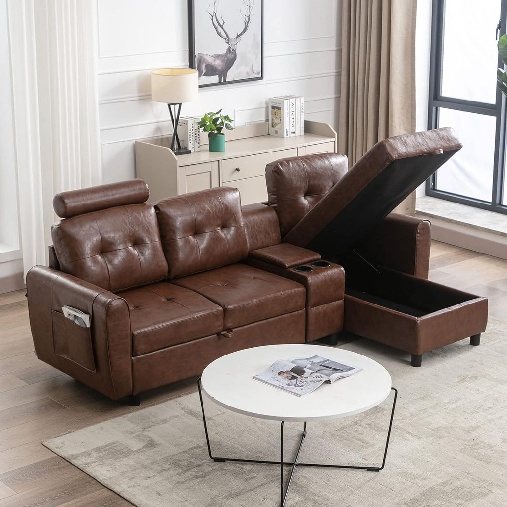 89" Sectional Storage Sofa L Shaped Couch with Cup Holders & Adjustable Headrest Brown PU Leather M49876