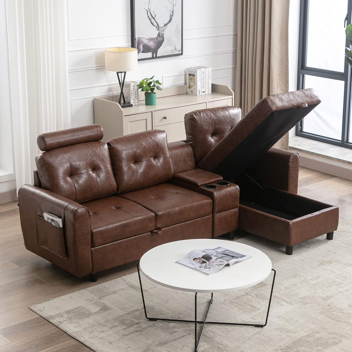 89" Sectional Storage Sofa L Shaped Couch with Cup Holders & Adjustable Headrest Brown PU Leather M49876
