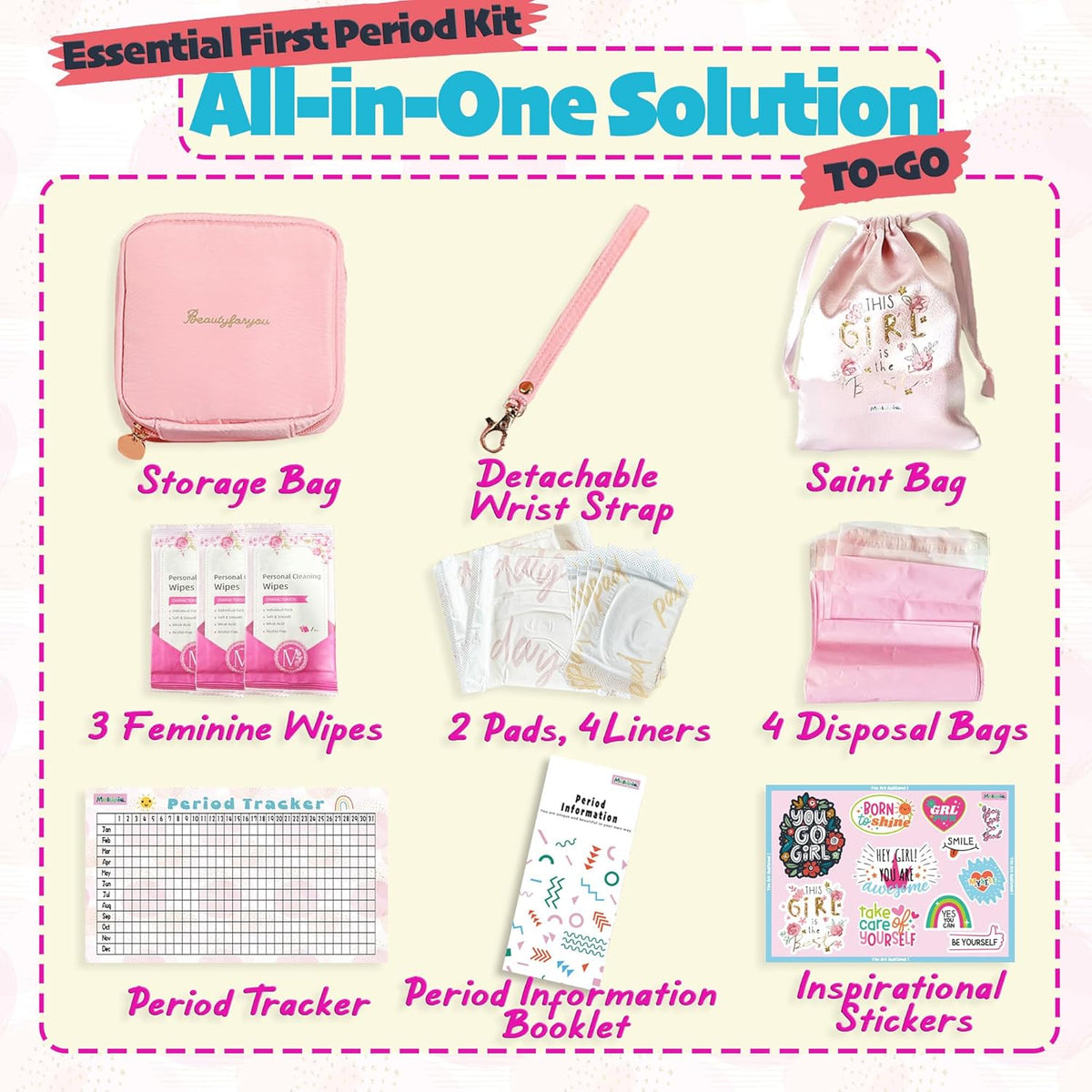 First Period Kit with Sanitary Pad Storage Bag, Wipes, Period Tracker U79452