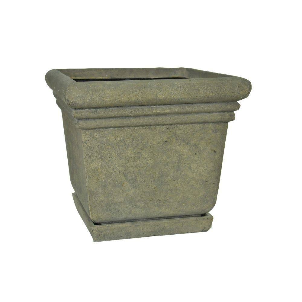 18-1/2 in. Square Cast Stone Planter with Attached Saucer T4988