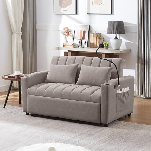 Beige 3 in 1 Convertible Single Sofa Bed Lounger Chair with Pillow and Adjustable Backrest V26782