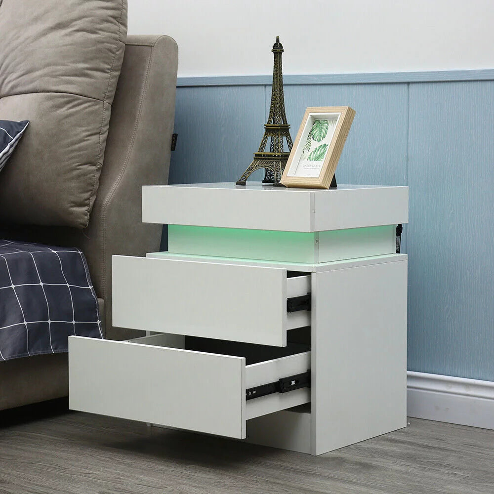 Beige White 2 Drawer High Gloss Nightstand R944