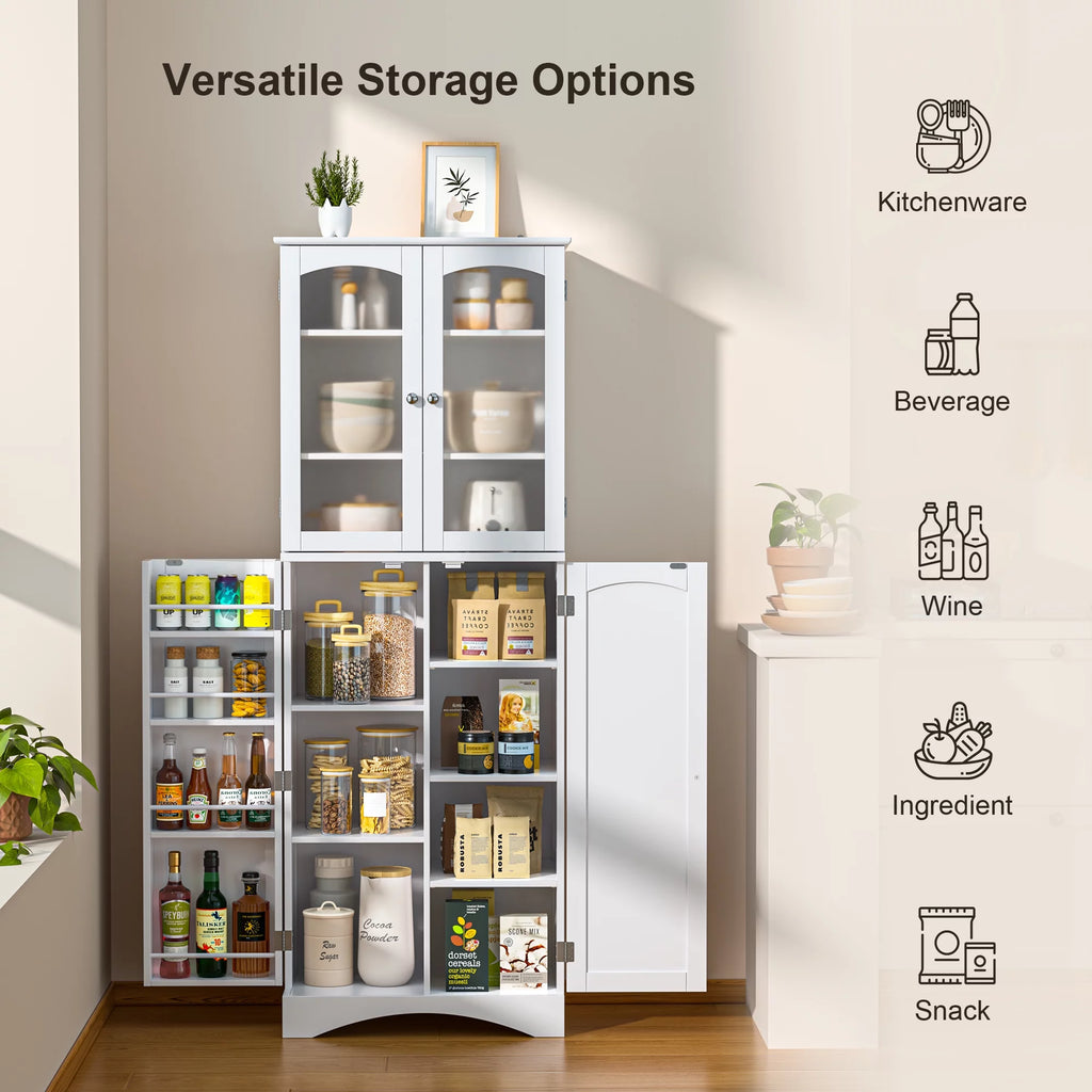 64" Tall Kitchen Pantry Storage Cabinet with Glass Door, White B5691
