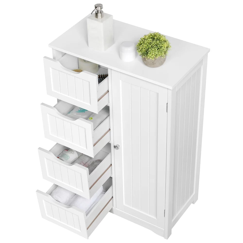 White Wooden Bathroom Floor Cabinet with Drawers and Cupboard E210424