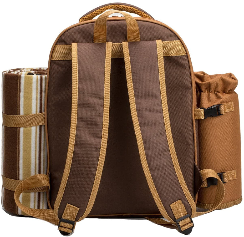 Picnic Backpack for 2 Person with Cooler Compartment, Fleece Blanket, Plates and Cutlery, Brown W105241