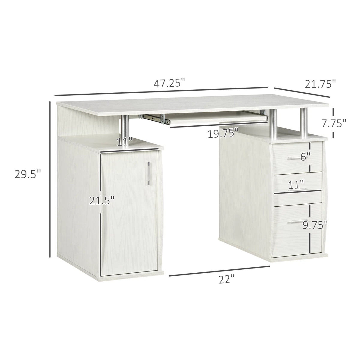 47" White Computer Desk with Keyboard Tray and Storage Drawers K65593