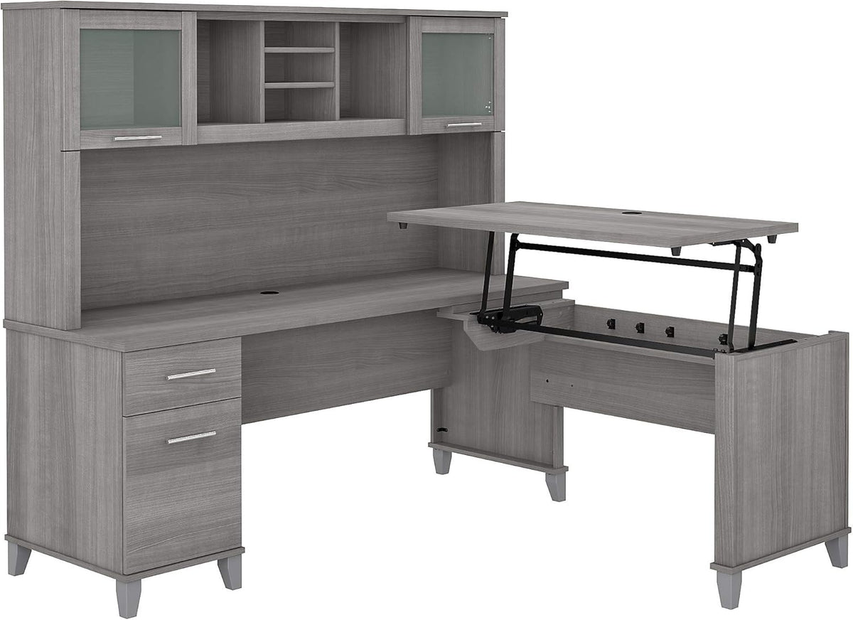 Sit to Stand L Shaped Desk with Hutch in Sand Oak Z282090