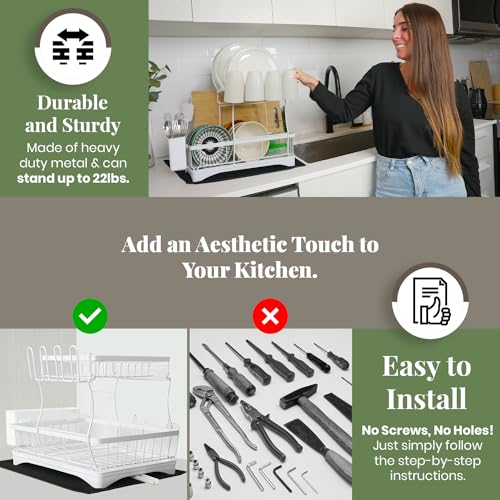White 2-Tier Metal Dish Drying Rack with Drainboard V3057