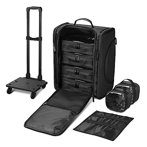 Black Rolling Makeup Train Case Soft Sided Cosmetic Storage Organizer Carry on Travel with Removable Side Pocket Bag E26560