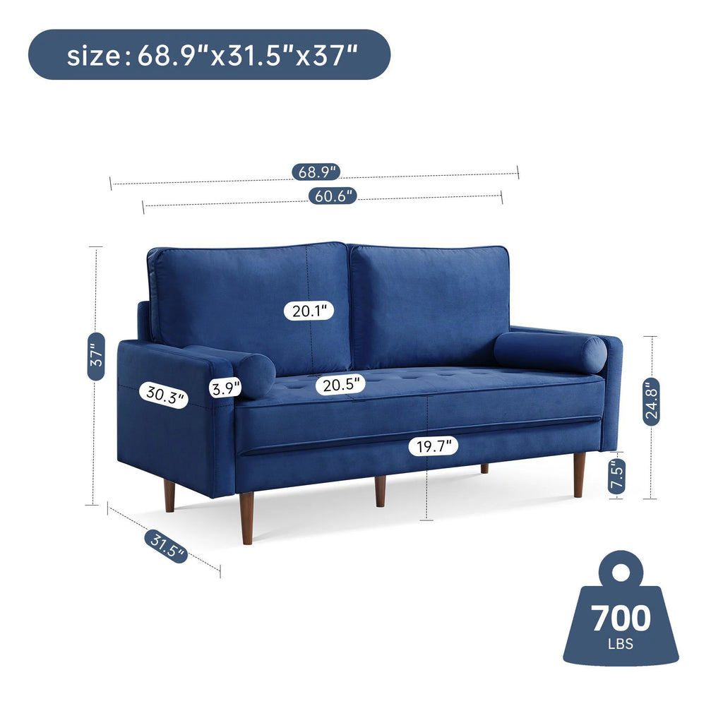69" Tufted Velvet Sofa with Bolster Pillows G789