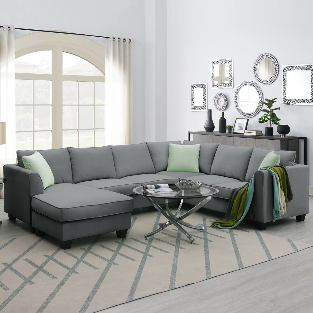 7 Seats L Shape Fabric Sectional Sofa with Ottoman Q726752