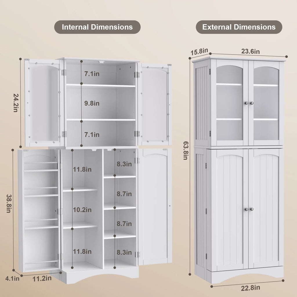 64" Tall Kitchen Pantry Storage Cabinet with Glass Door, White B5691