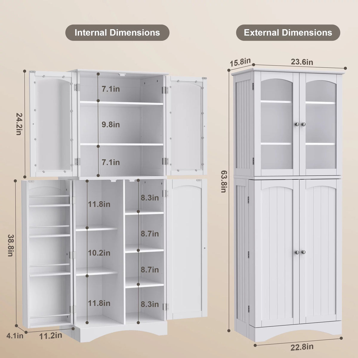64" Tall Kitchen Pantry Storage Cabinet with Glass Door, White B5691