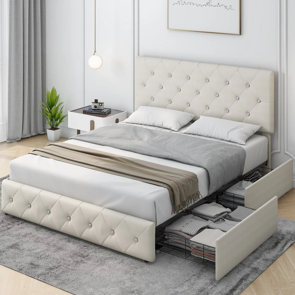 Queen Size Light Grey Upholstered Platform Bed with 4 Storage Drawers C73910