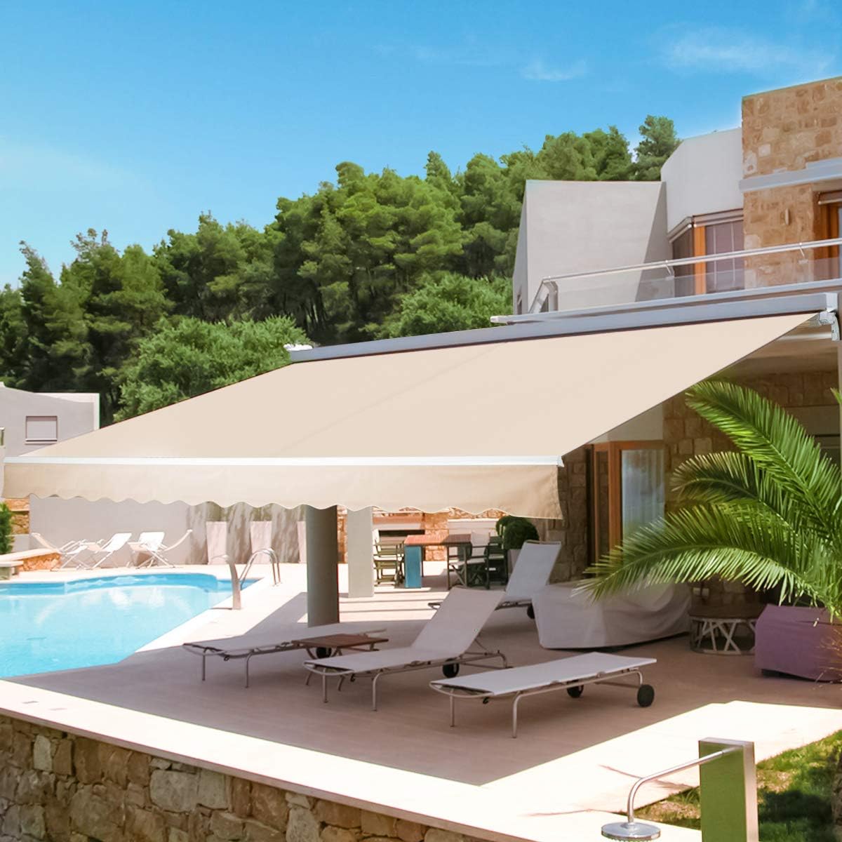 13'×8' Retractable Patio Awning with Manual Crank Handle, Beige B5920