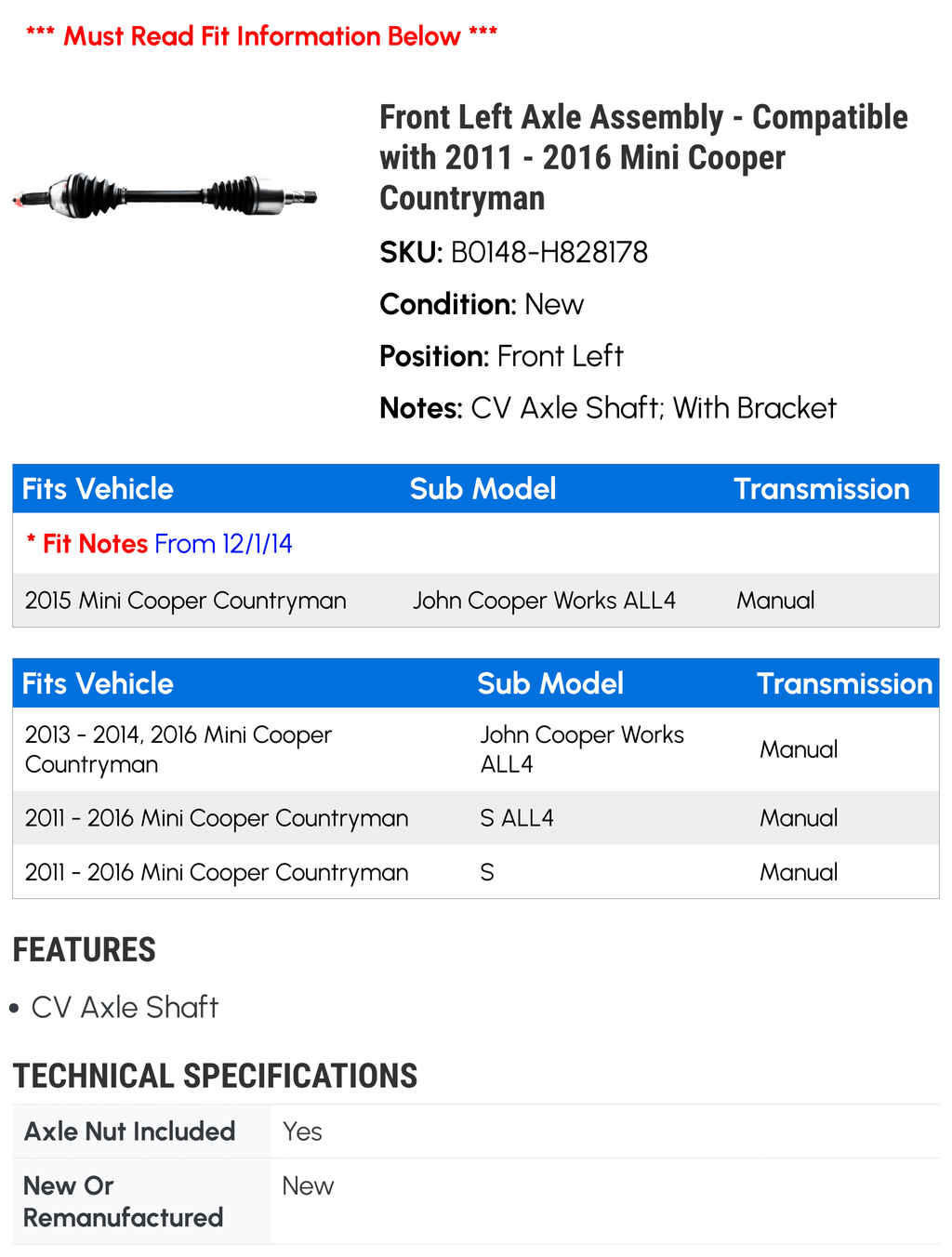 Front Left Axle Assembly for Mini Cooper Countryman 2011-2016 W85226