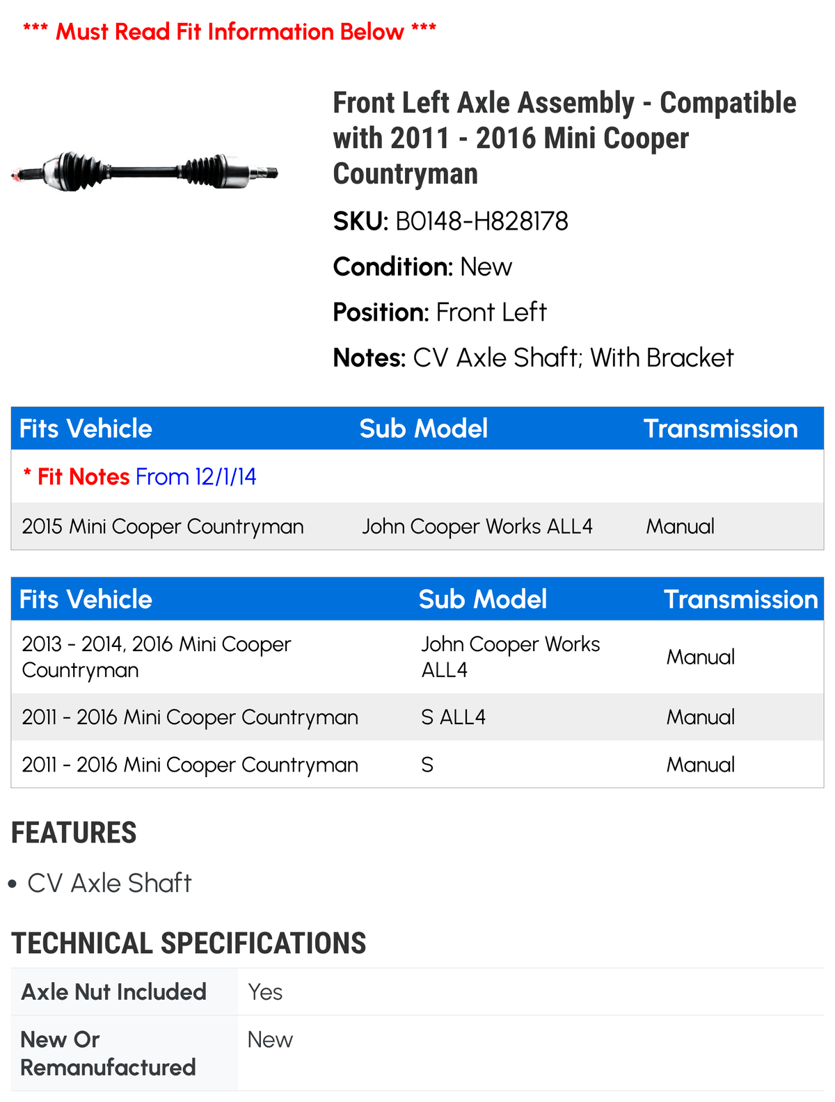 Front Left Axle Assembly for Mini Cooper Countryman 2011-2016 W85226