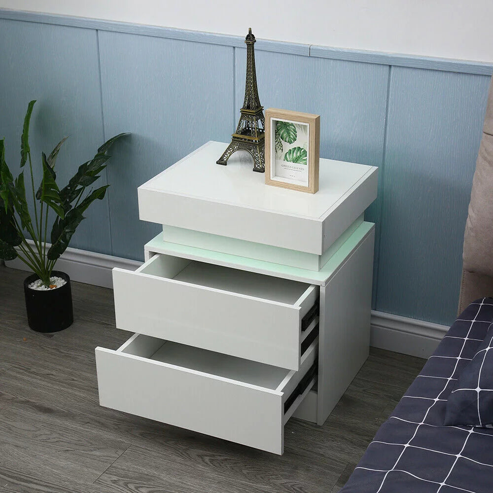 Beige White 2 Drawer High Gloss Nightstand R944