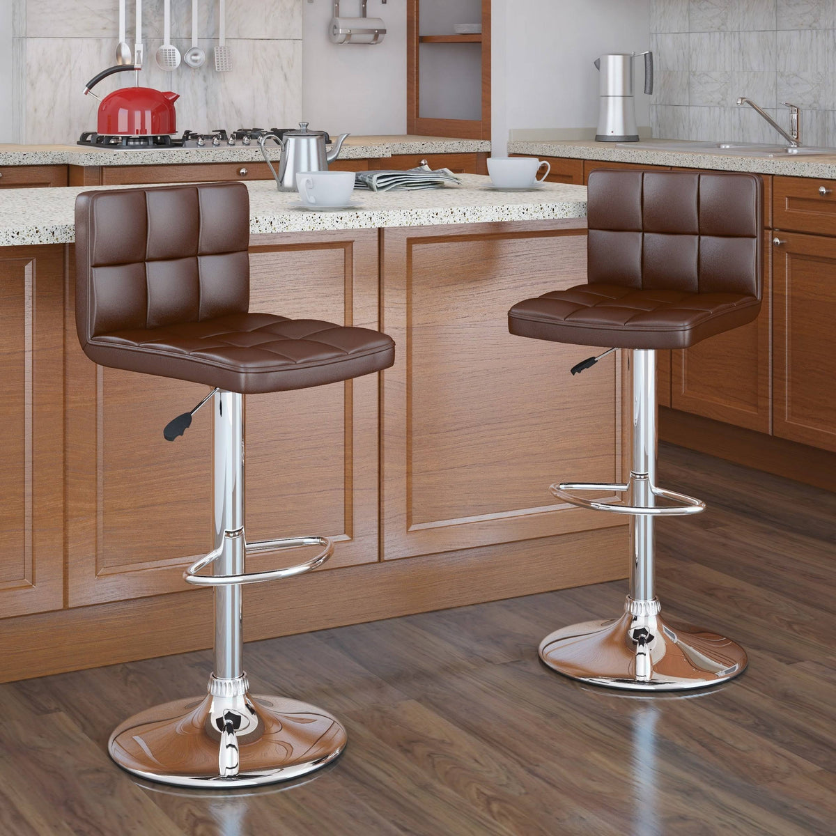 Adjustable Leatherette Bar Stool Set of 2 Red G381342