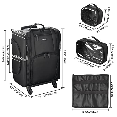 Black Rolling Makeup Train Case Soft Sided Cosmetic Storage Organizer Carry on Travel with Removable Side Pocket Bag E26560