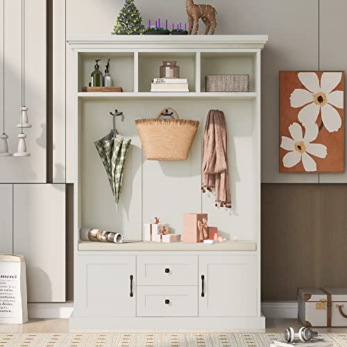 Beige 3-in-1 Wood Hall Tree Coat Hanger with Storage Bench S580039