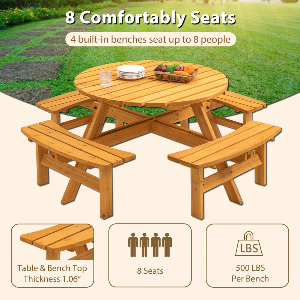 8-Person Wooden Picnic Table with 4 Built-In Benches N706