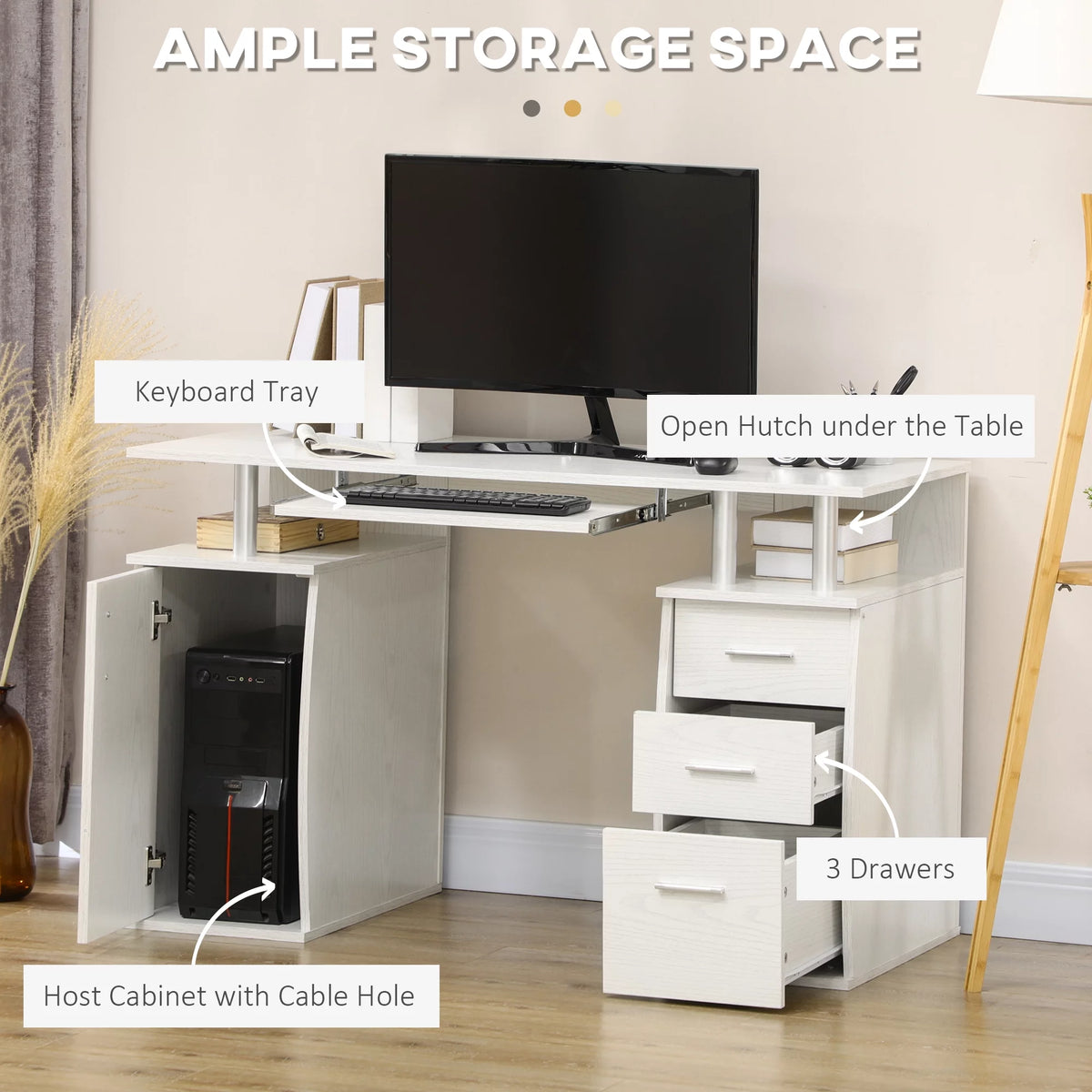 47" White Computer Desk with Keyboard Tray and Storage Drawers K65593
