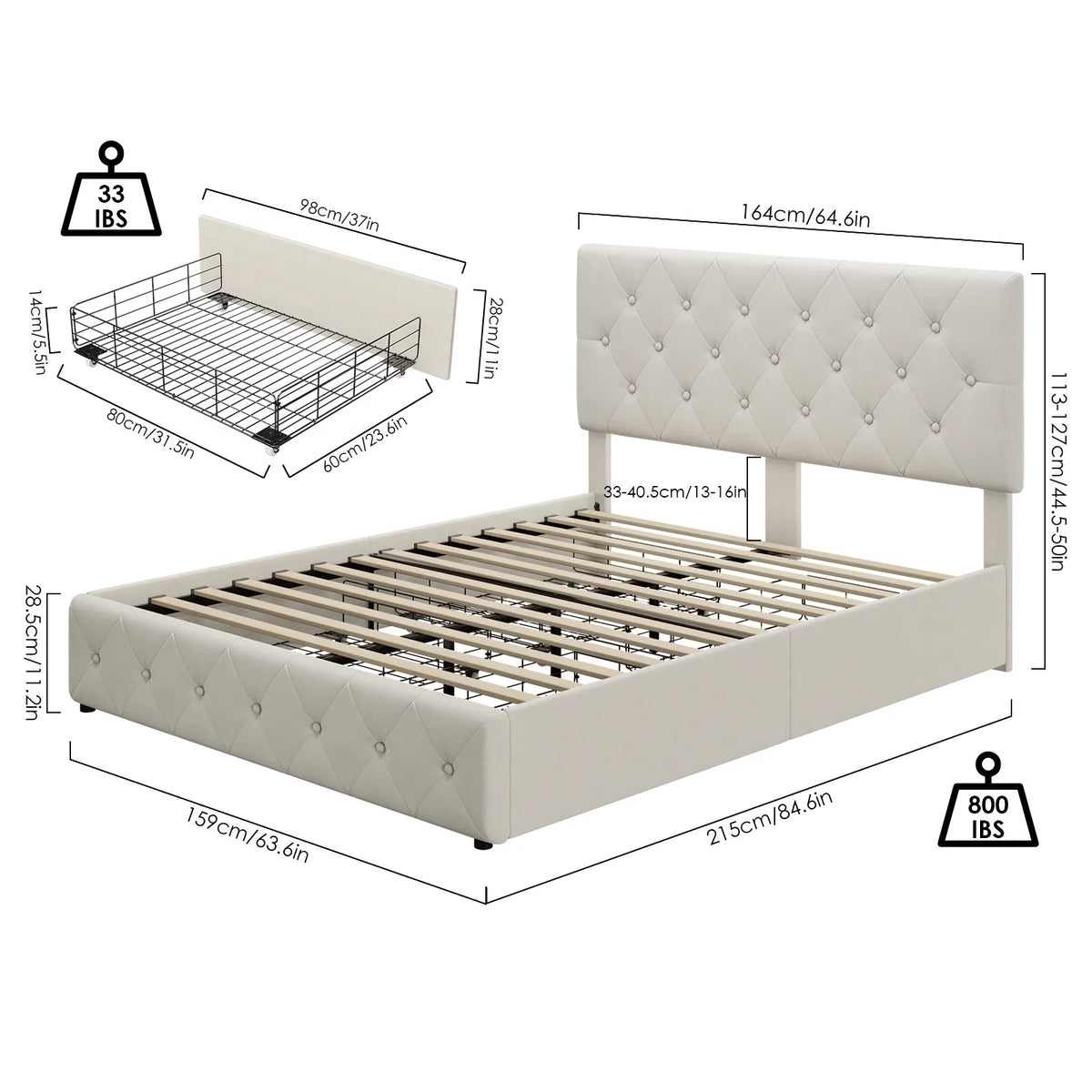 Queen Size Light Grey Upholstered Platform Bed with 4 Storage Drawers C73910