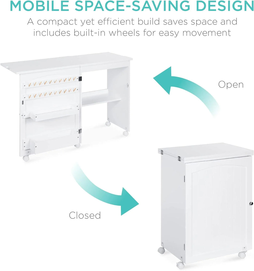 Folding Sewing Table Craft Station with Wheels Shelves Storage Trays O51772