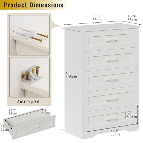 White 5 Drawer Wood Dresser Y48036