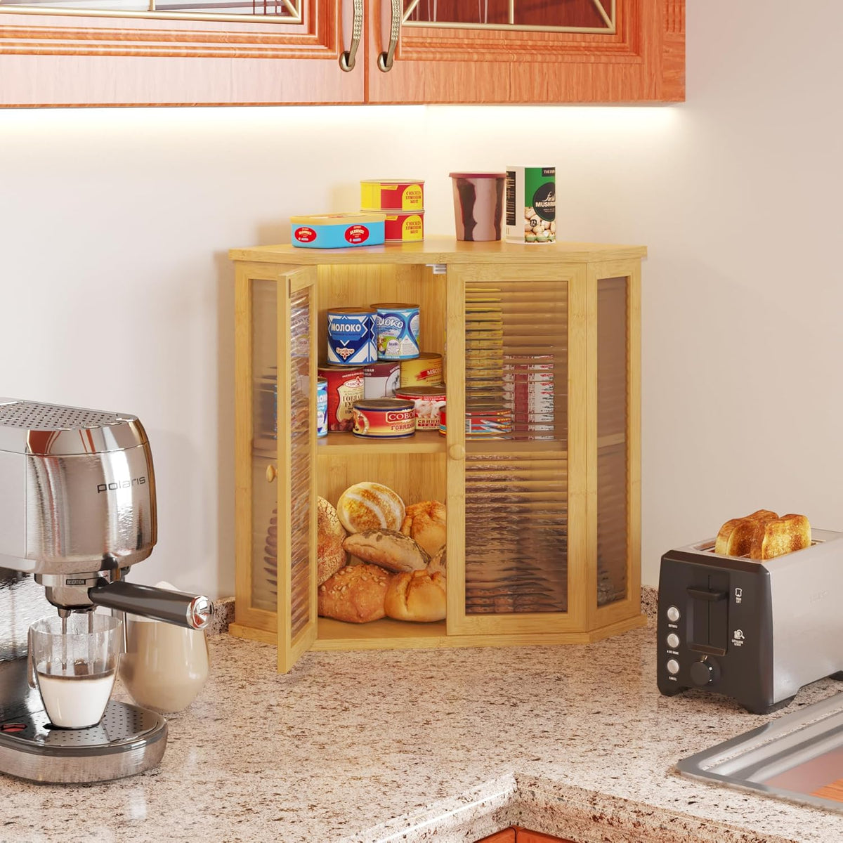 16.5 inch Bamboo Double Layer Bread Box with Glass Door H4501