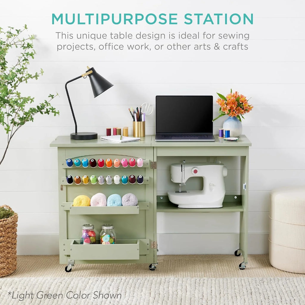 Folding Sewing Table Craft Station with Wheels Shelves Storage Trays O51772