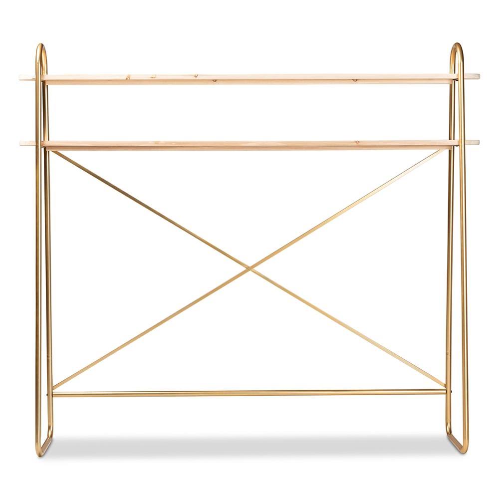 Brushed Gold Finished Metal and Natural Brown Finished Wood 2-Tier Over Bed Twin Size Storage I91843