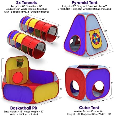 5pc Kids Playhouse Jungle Gym with Pop Up Tents, Tunnels, and Basketball Pit with Zipper Storage Case P875