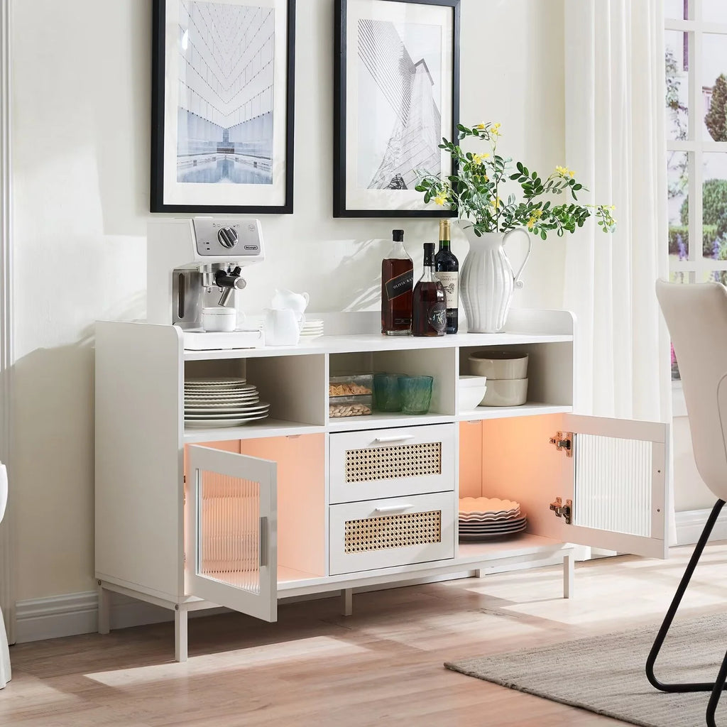 White Buffet Sideboard Cabinet with Acrylic Doors and Rattan Drawer U53350