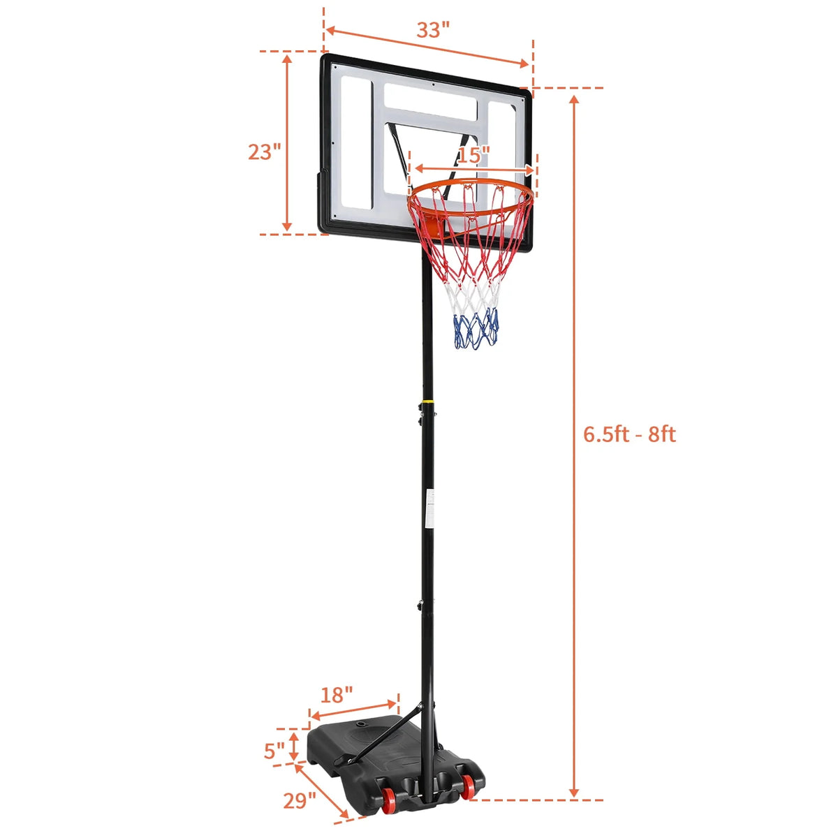 33 In. Portable Adjustable Basketball Hoop with PVC Backboard Y666058
