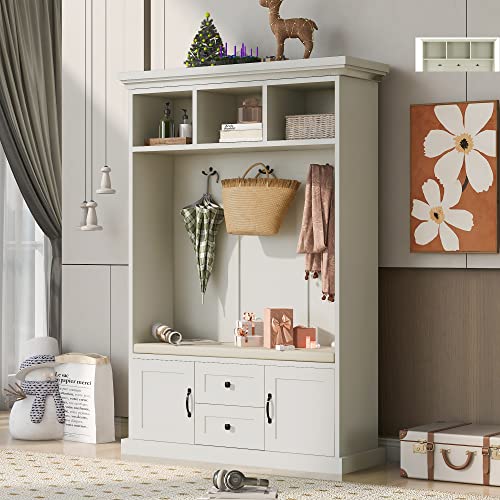 Beige 3-in-1 Wood Hall Tree Coat Hanger with Storage Bench S580039