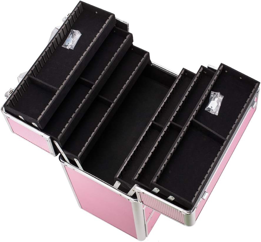 Rolling 4 Tiers Lockable Aluminum Makeup Travel Organizer Cosmetic Case Rose Pink Q185163
