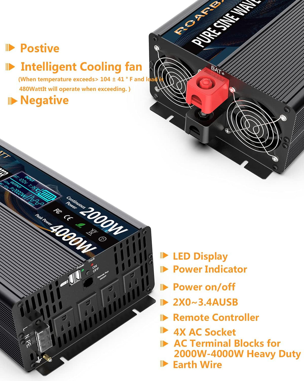 2000W Pure Sine Wave Power Inverter 12V DC to 110V/120V H951